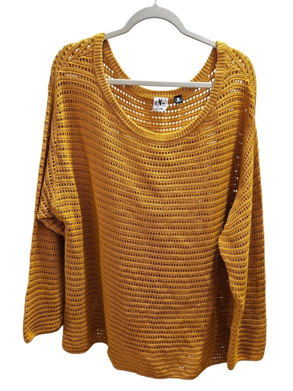 D/C Jeans 100% Cotton Open-Knit Scoop Neck Off The Shoulder Sweater - Mustard
